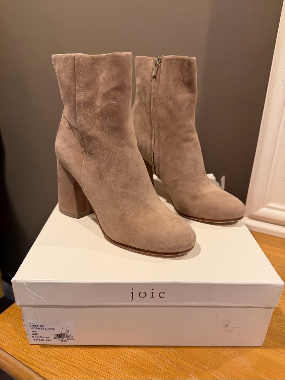 Joie Lorring Taupe Suede Block Heel Ankle Boots for Women